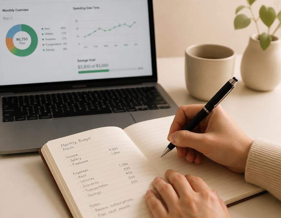 A desk with a notebook and laptop showing a monthly budget